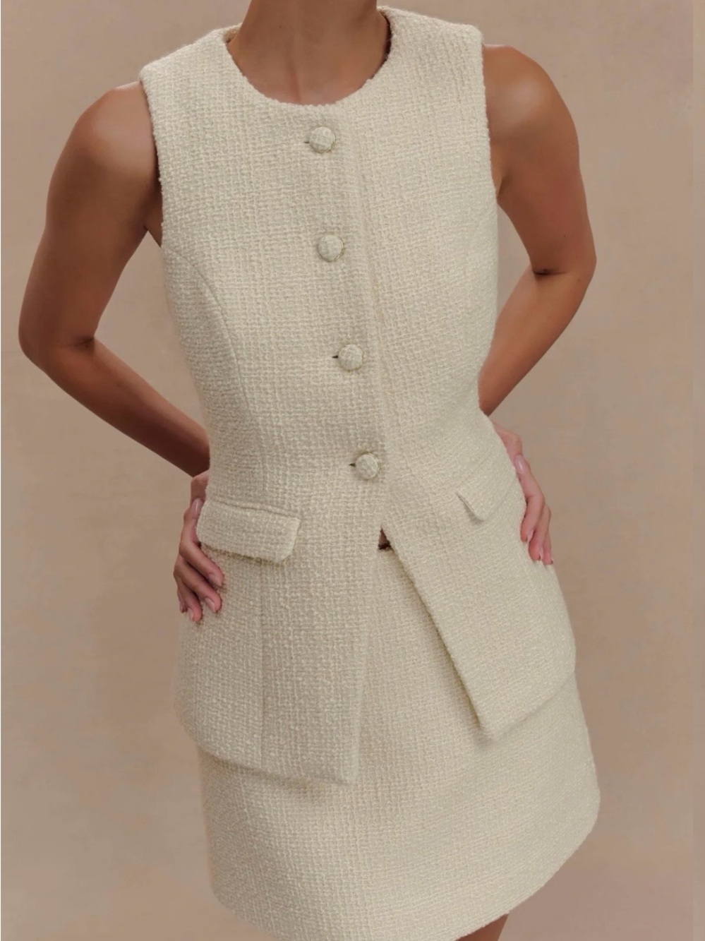 Meshki Tweed Mini Shift skirt and vest in Ivory